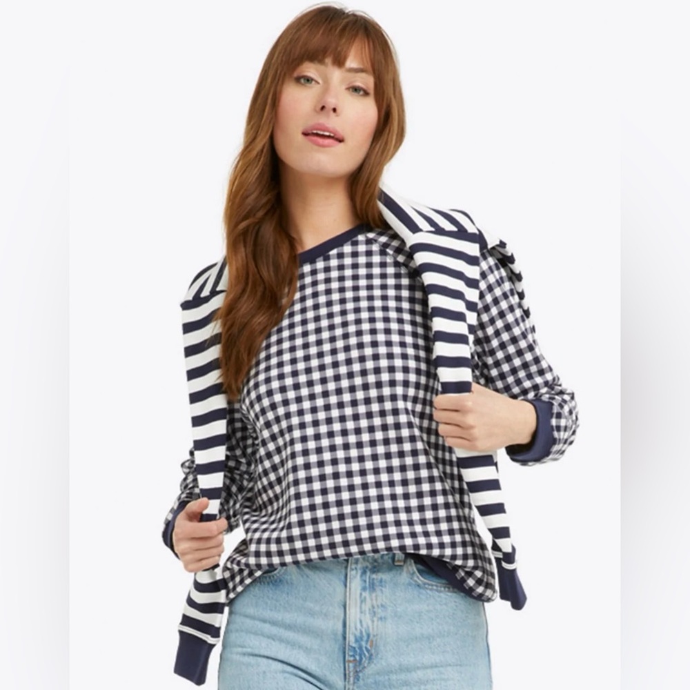 Draper James Natalie crewneck sweatshirt in‎ blue gingham 100% cotton size M
